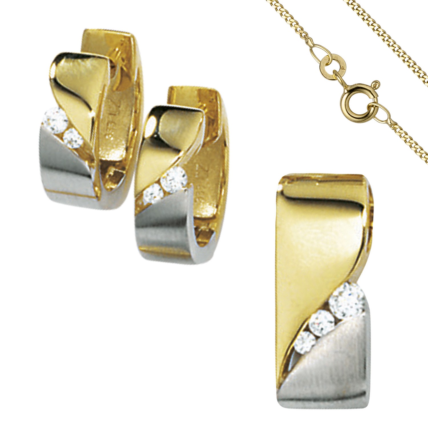 Schmuck-Set 333 Gelbgold bicolor 7 Zirkonia Ohrringe und Kette 42cm