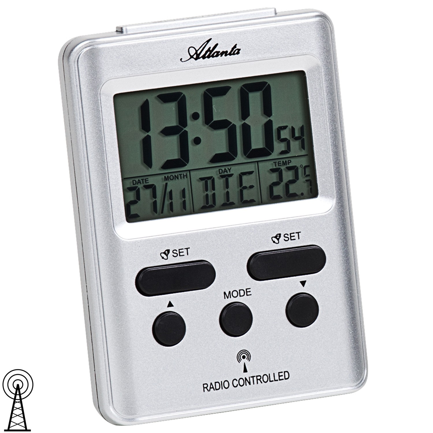 Wecker Funk Funkwecker digital silbern mit Licht Snooze