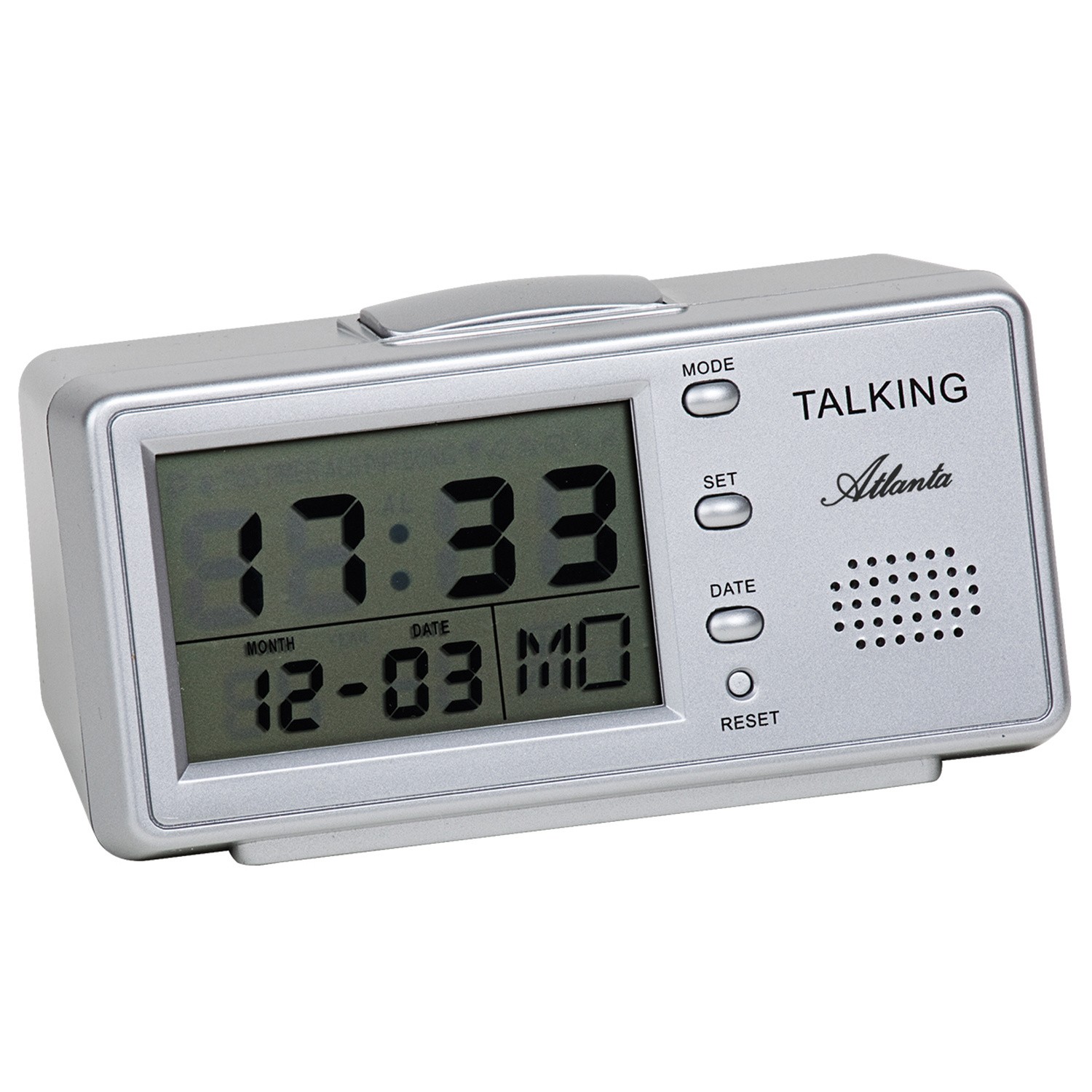Sprechender Wecker silbern digital Snooze