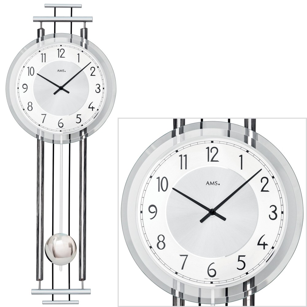AMS 7464 Wanduhr Quarz mit Pendel Pendeluhr silbern mit Holz und Glas