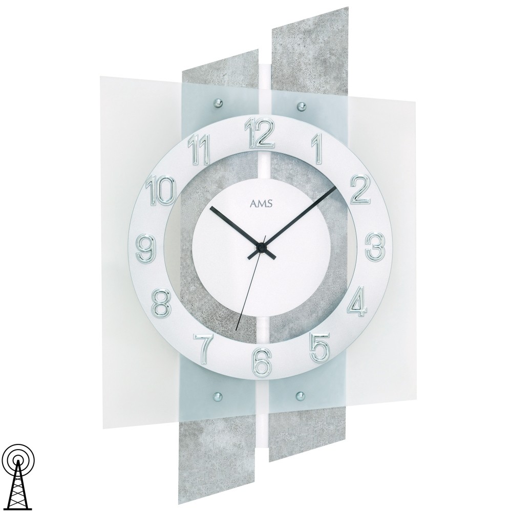 AMS 5532 Wanduhr Funk Funkwanduhr analog silbern mit Glas