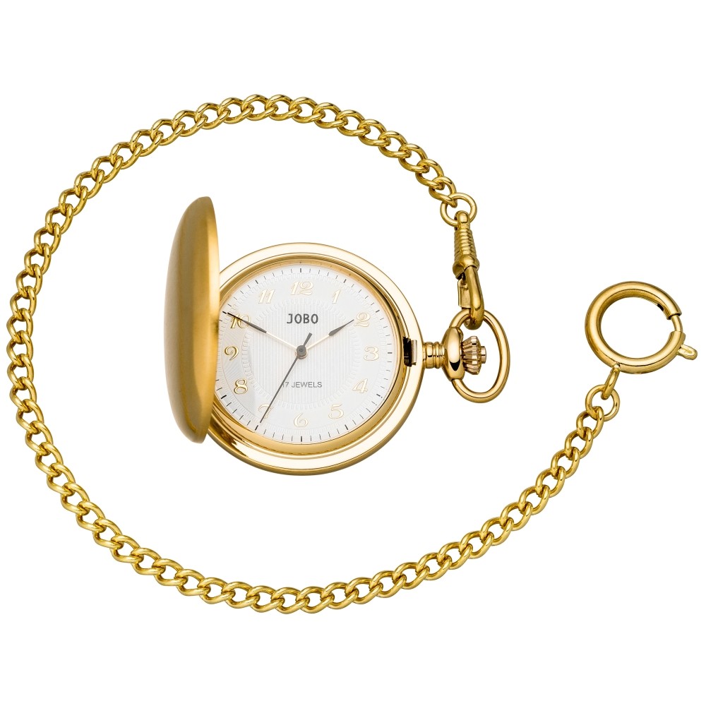 Taschenuhr mit Kette Handaufzug vergoldet mit Sprung-Deckel