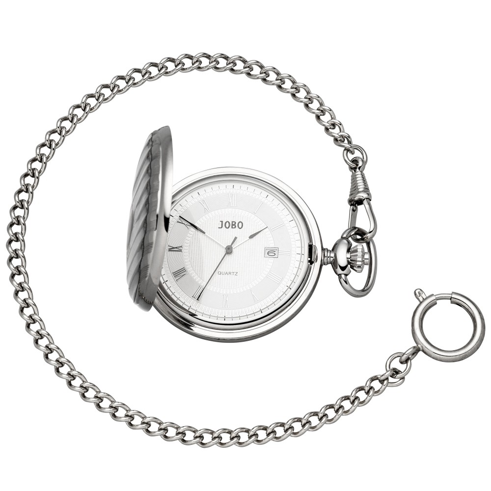 Taschenuhr Quarz Analog verchromt Datum Sprung-Deckel