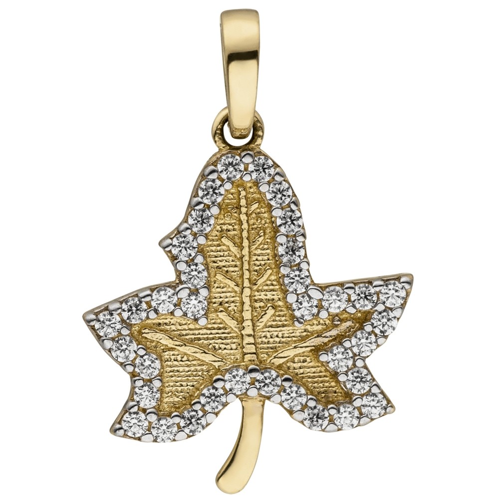 Anhänger Blatt 333 Gelbgold bicolor mattiert 35 Zirkonia Goldanhänger