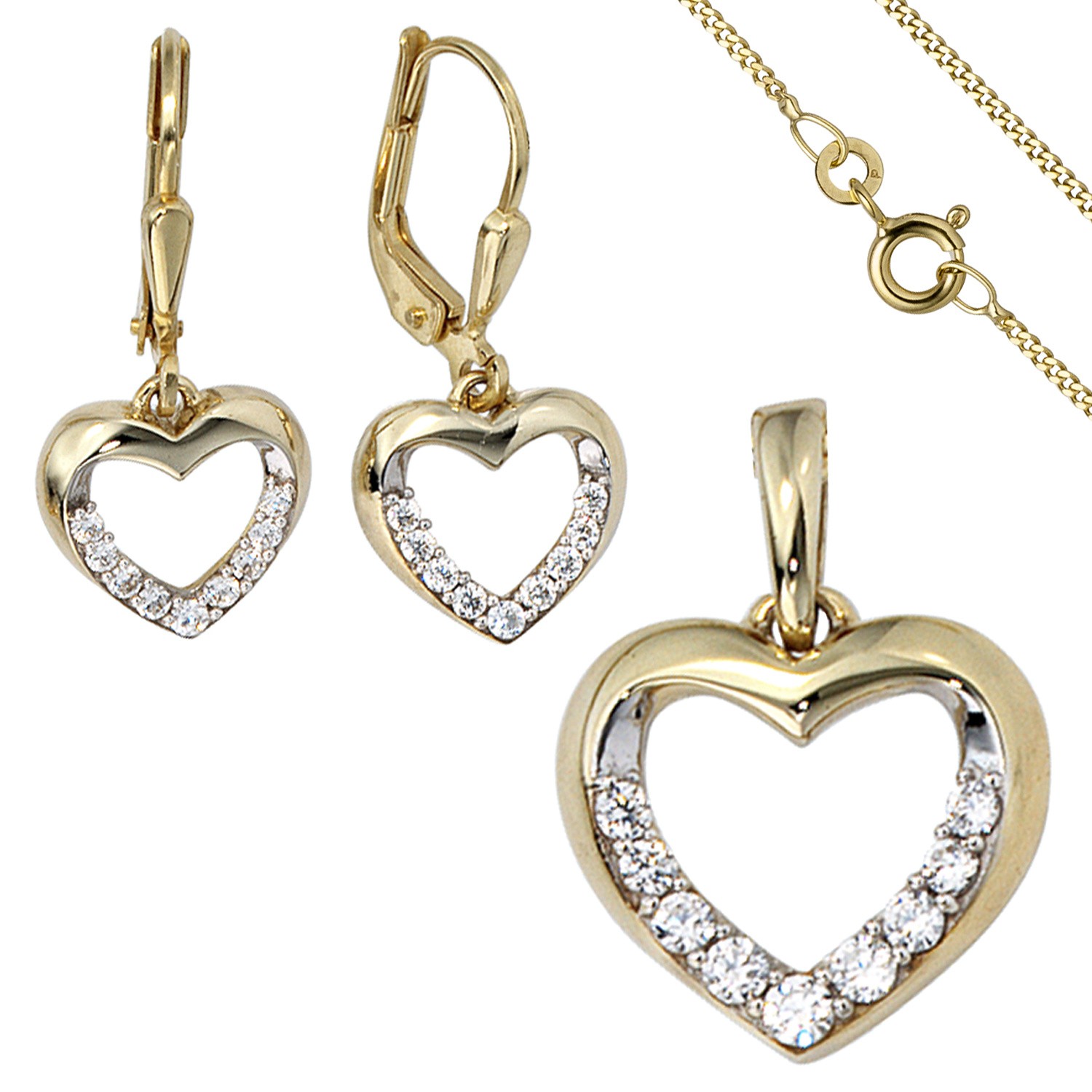 Schmuck-Set 333 Herz Gold Gelbgold Zirkonia Ohrringe Anhänger und Kette 45cm