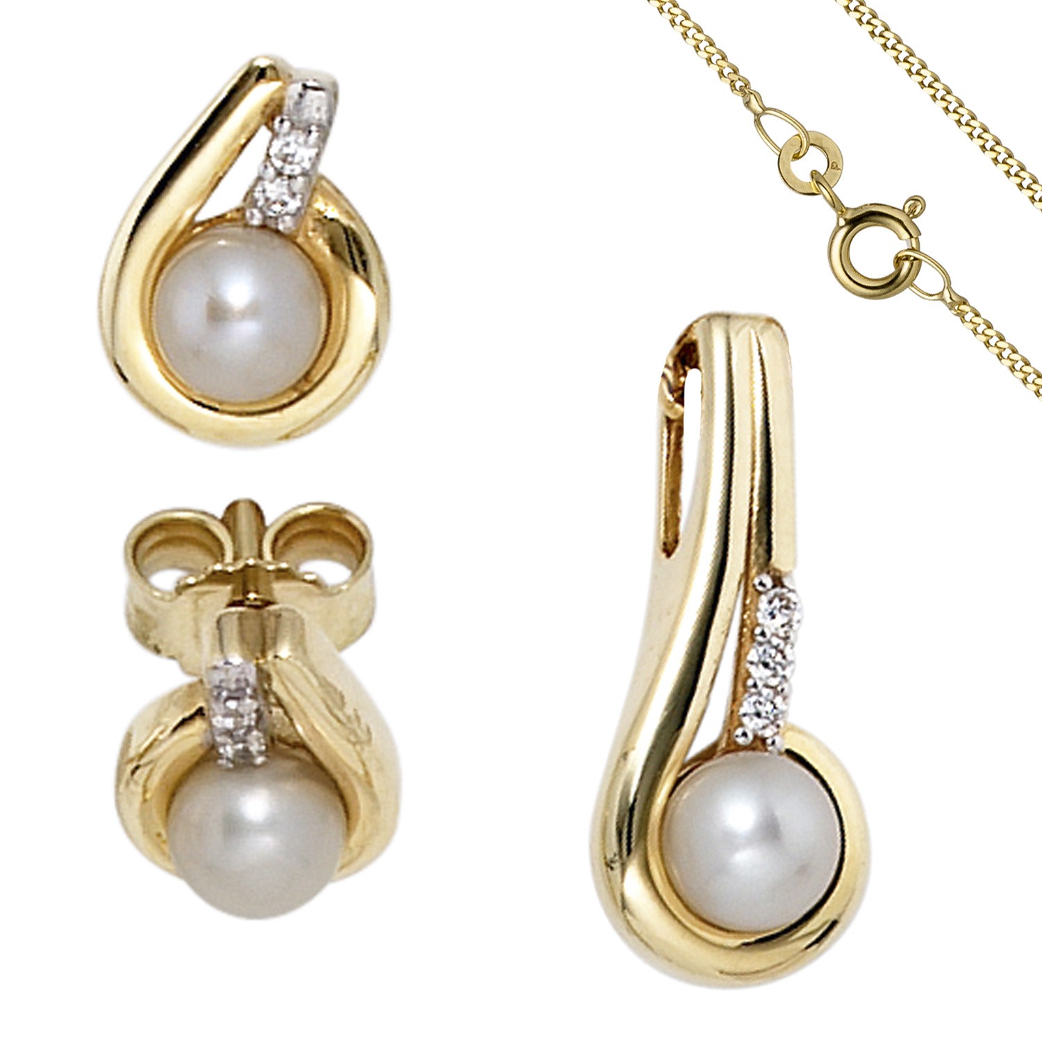 Schmuck-Set 333 Gelbgold Perlen Zirkonia Ohrringe und Kette 45cm