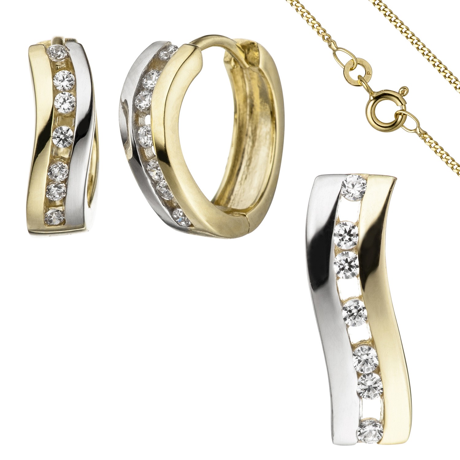 Schmuck-Set geschwungen 333 Gelbgold bicolor Zirkonia mit Kette 42cm