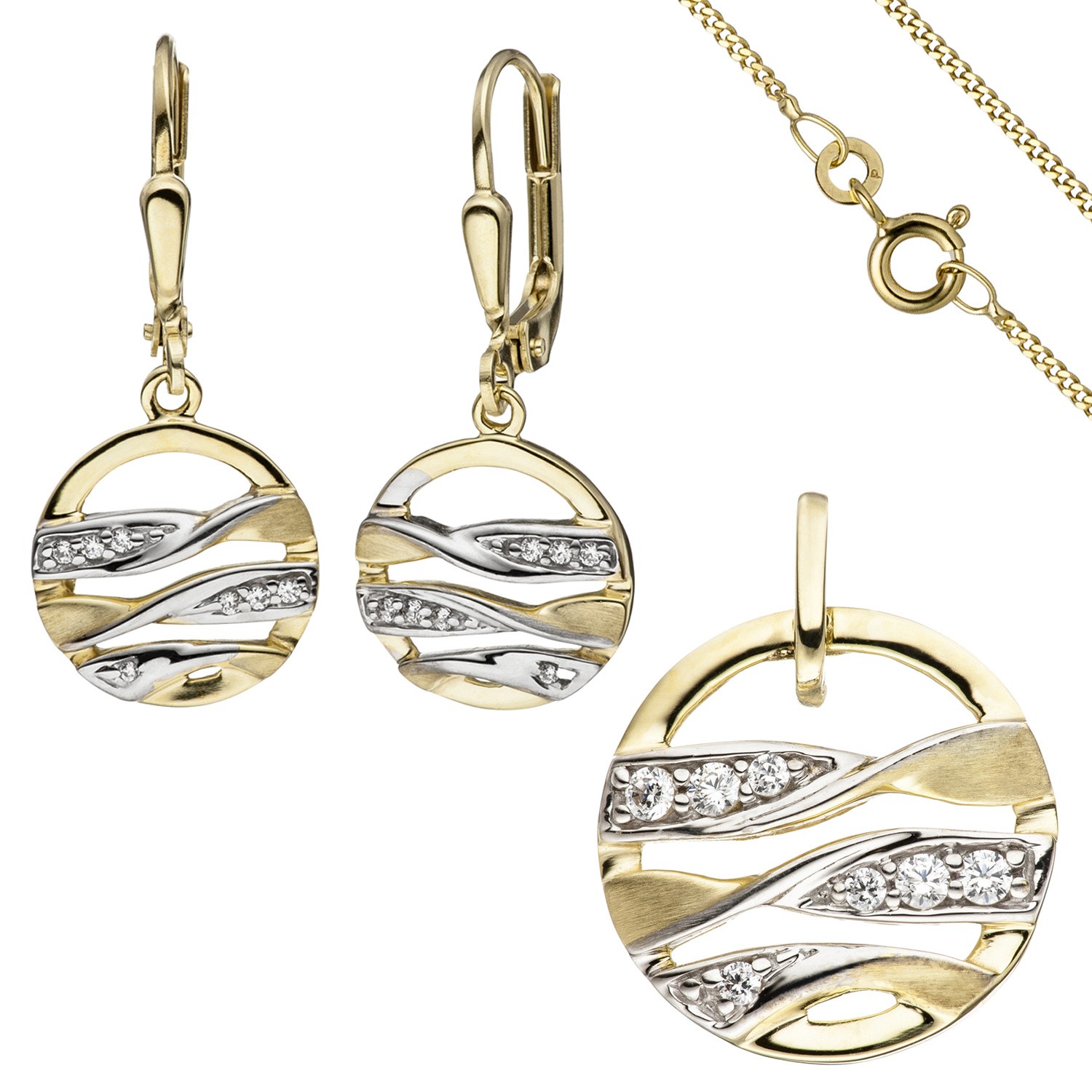 Schmuck-Set 333 Gelbgold mit Zirkonia Ohrringe und Kette 45cm