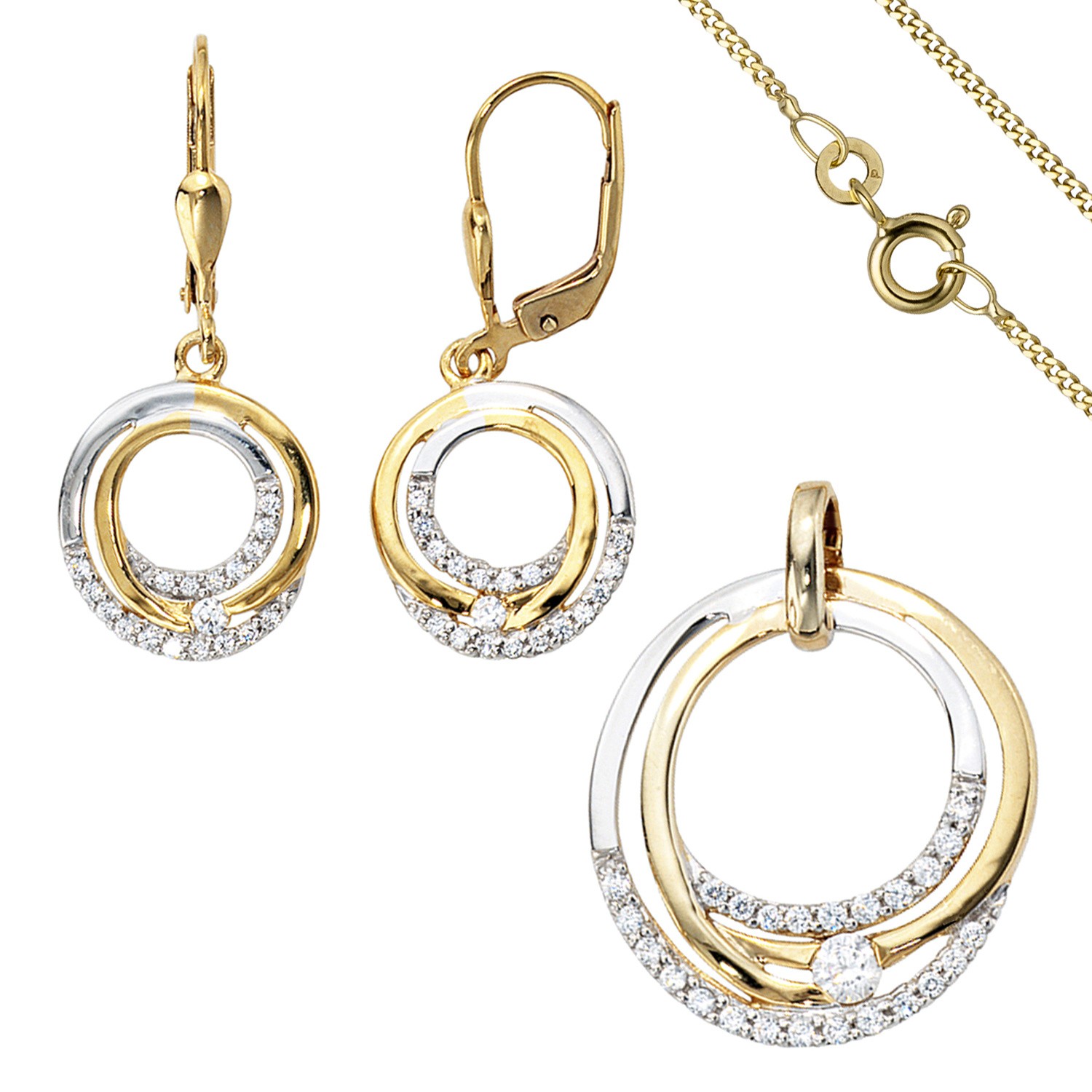 Schmuck-Set 333 Gelbgold bicolor mit Zirkonia Ohrringe und Kette 42cm