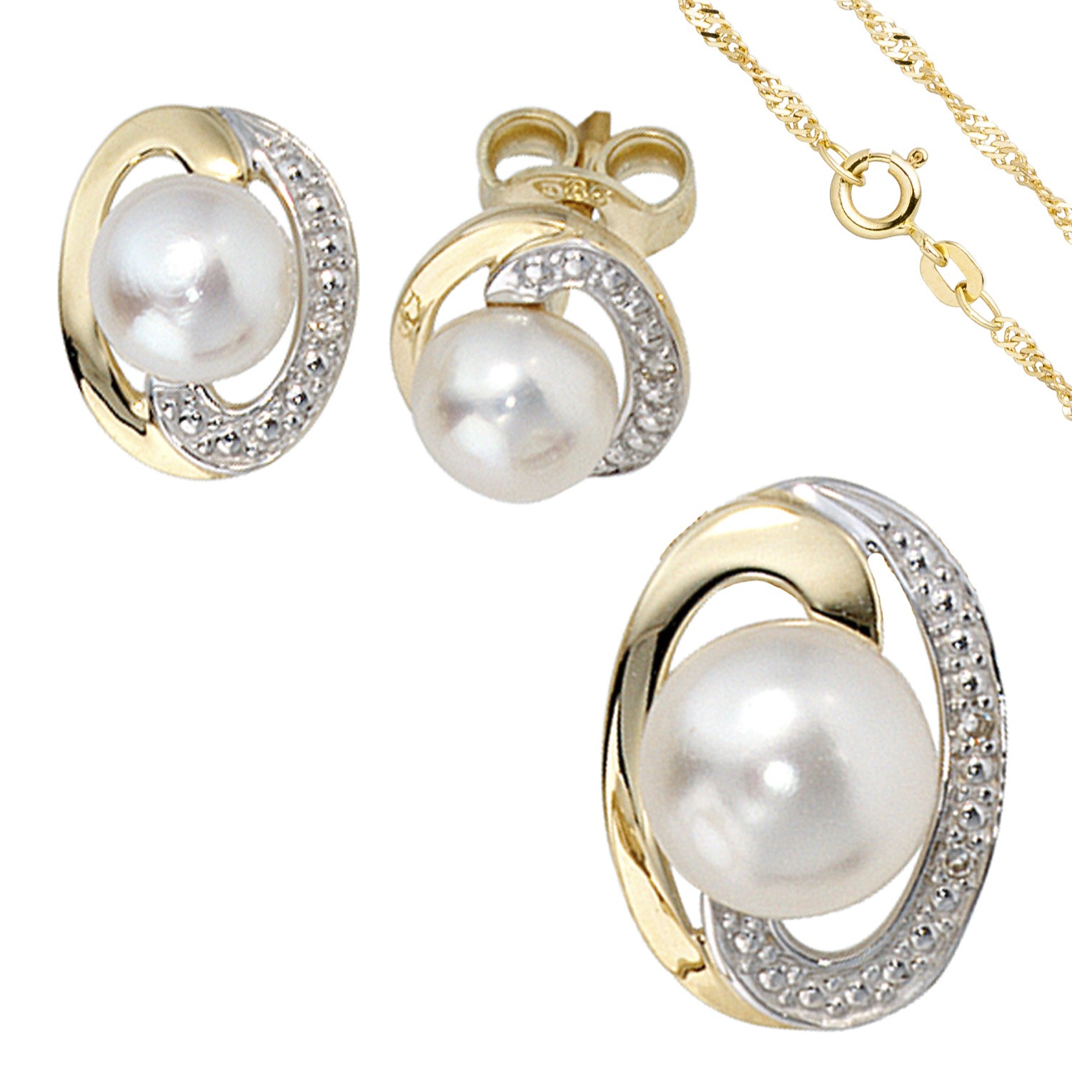 Schmuck-Set 585 Gelbgold bicolor 3 Perlen 4 Diamanten Ohrringe und Kette 42cm