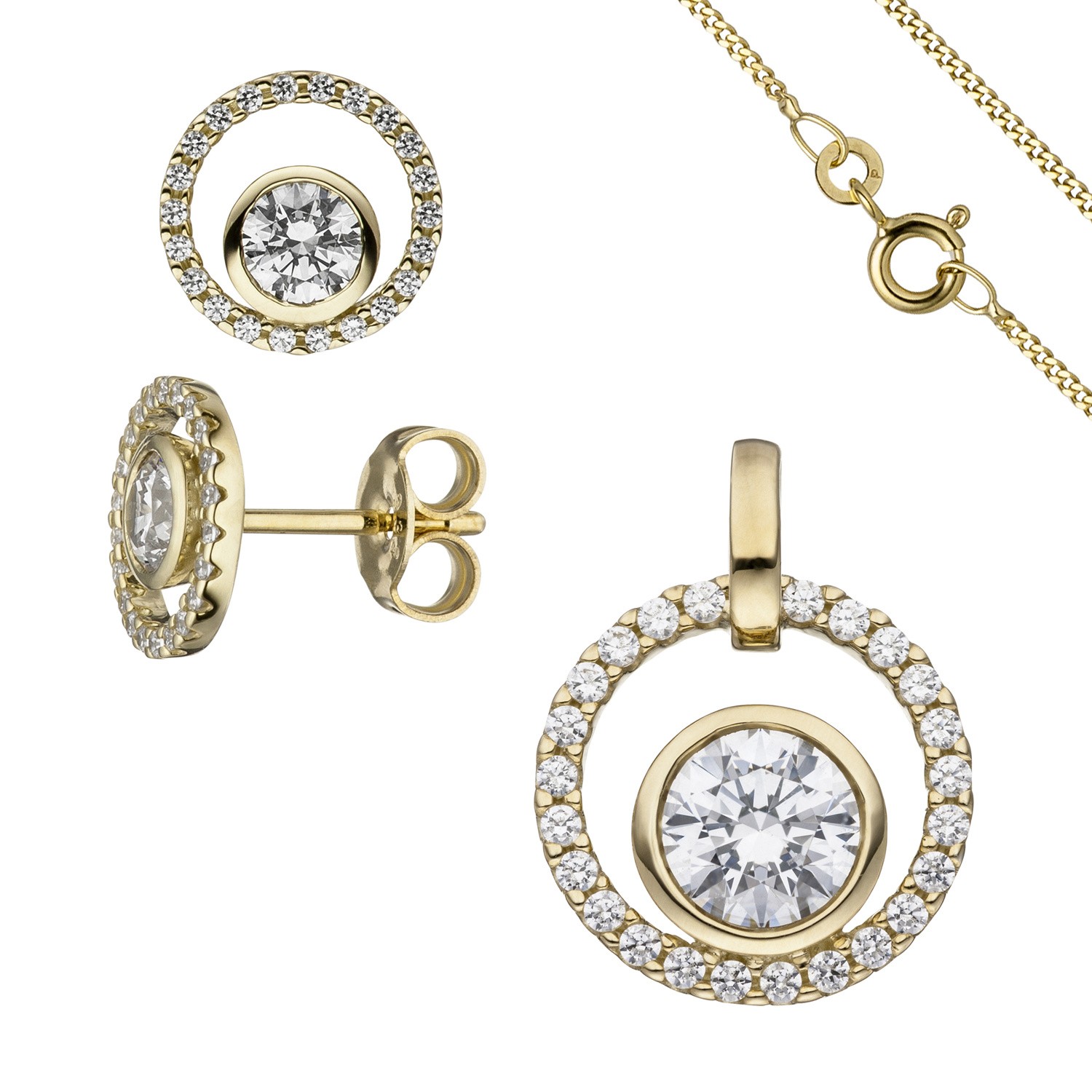 Schmuck-Set 333 Gelbgold mit Zirkonia Ohrstecker und Kette 45cm
