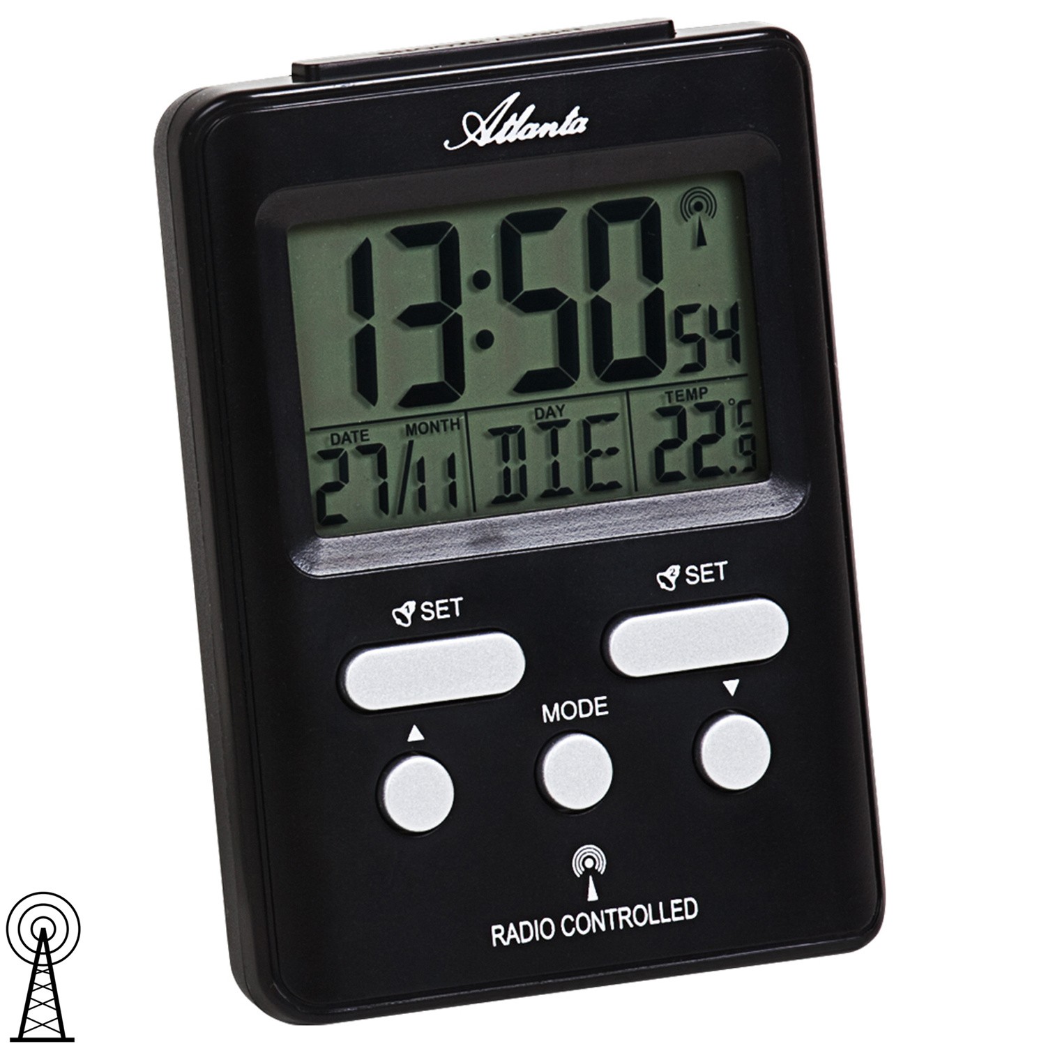 Wecker Funk Funkwecker digital schwarz mit Licht Snooze