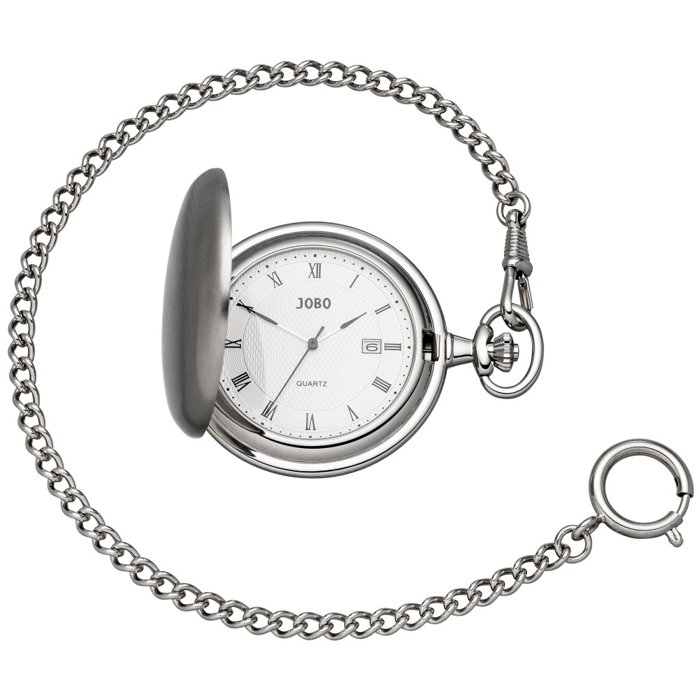 Taschenuhr Quarz Analog verchromt Datum Sprung-Deckel