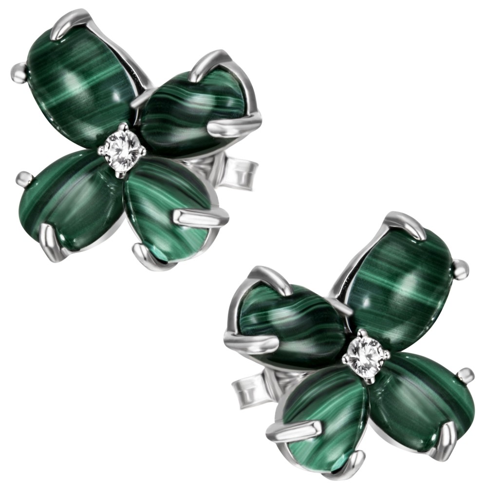 Ohrstecker Blume 925 Sterlingsilber 8 Malachit-Cabochons 2 Zirkonia Ohrringe