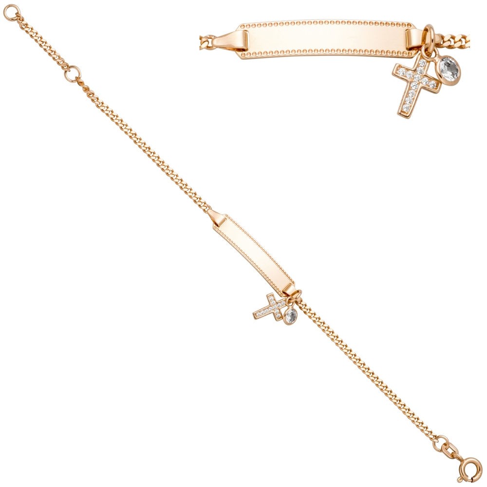 Schildband Kreuz 925 Sterling Silber rotgold vergoldet Zirkonia 16cm