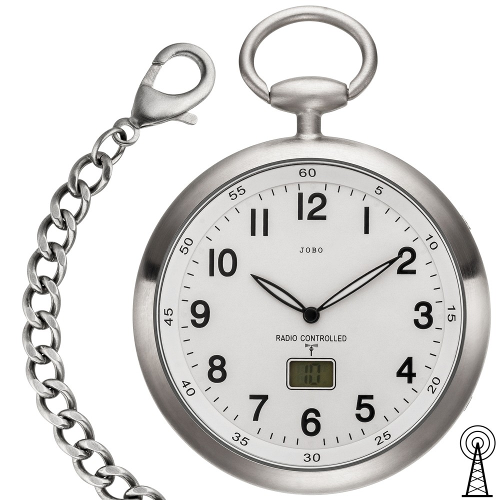 Taschenuhr Funk mit Kette weiß aus Edelstahl mit Datum