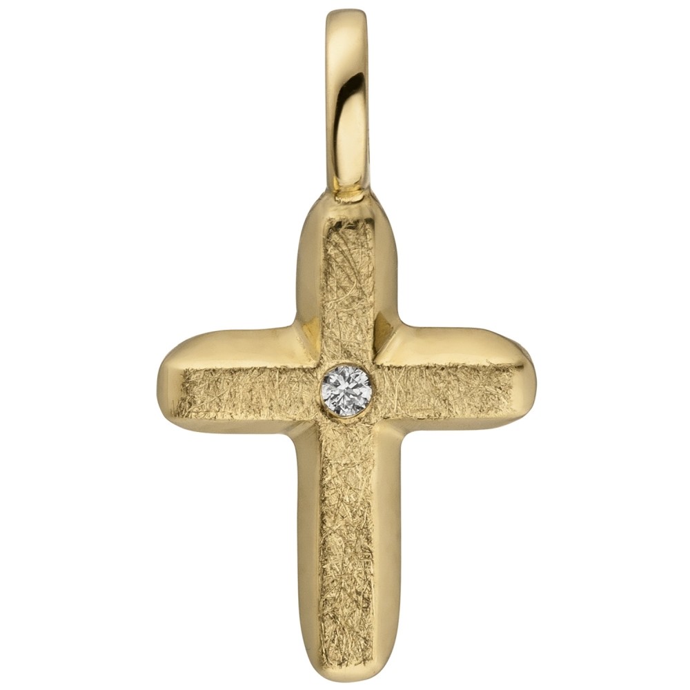 Anhänger Kreuz 585 Gelbgold eismatt 1 Diamant Brillant Kreuzanhänger