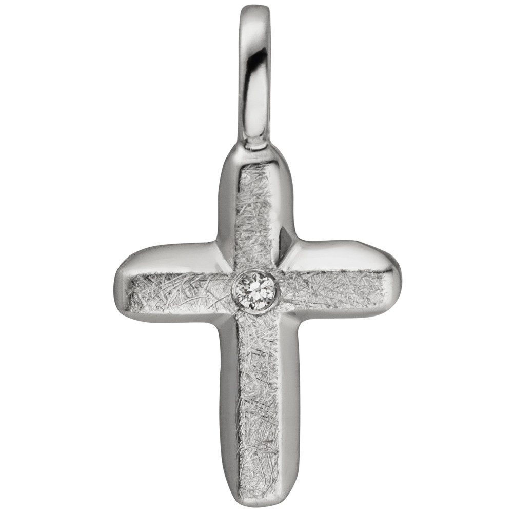 Anhänger Kreuz 585 Weißgold eismatt 1 Diamant Brillant Kreuzanhänger