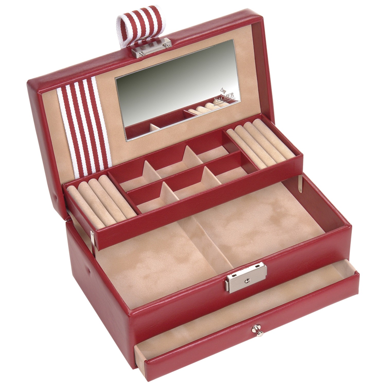Schmuckkoffer Schmuckkasten YOUNG rot beige Schloss Spiegel Schublade