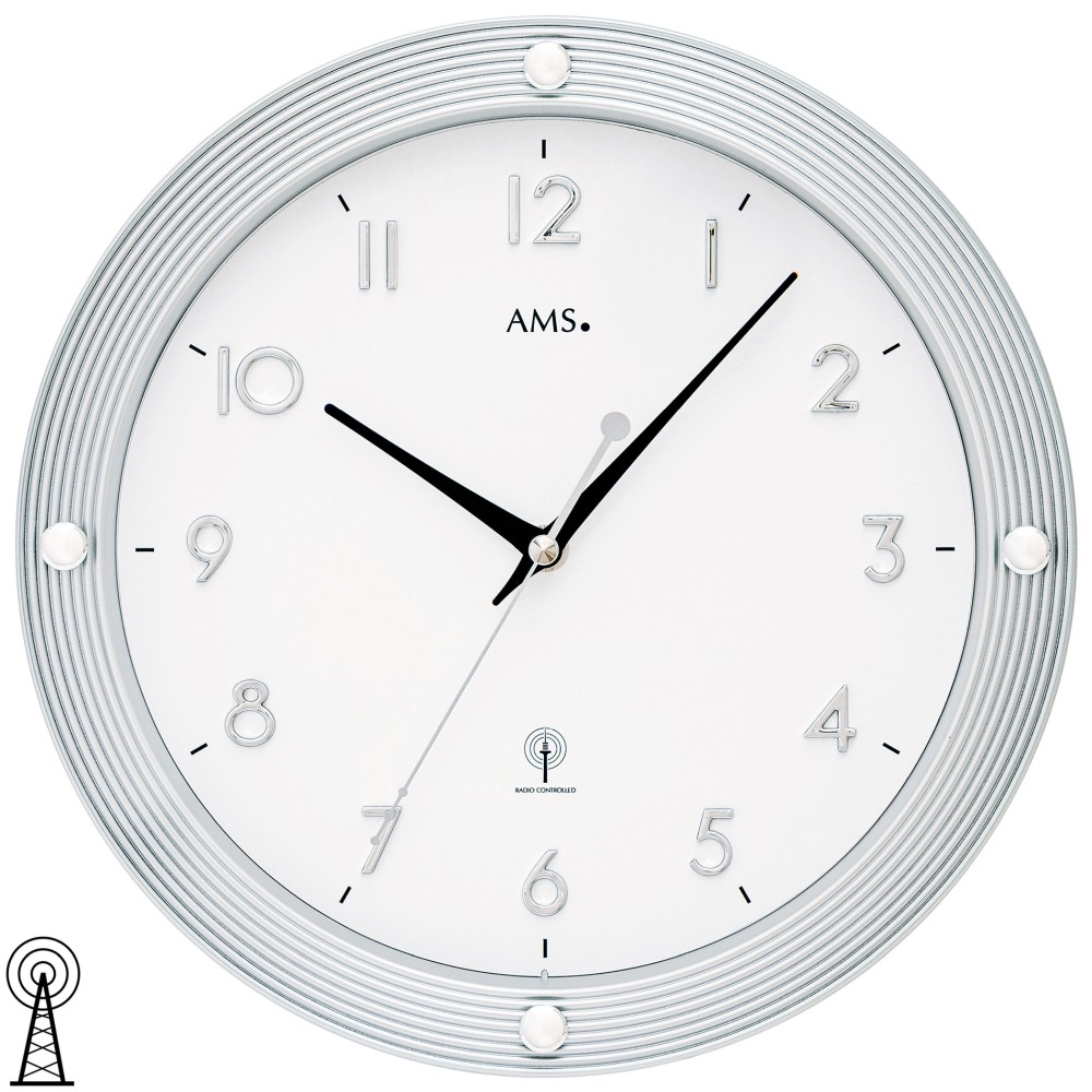 AMS 5500 Wanduhr Funk Funkwanduhr analog silbern rund