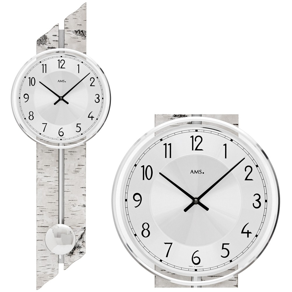 AMS 7470 Wanduhr Quarz mit Pendel Pendeluhr Holz Birke-Optik
