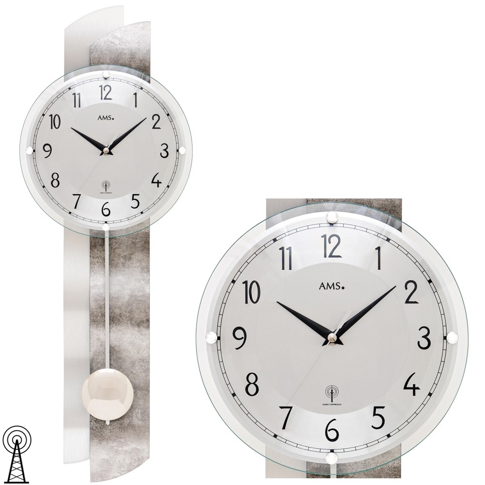 AMS 5321 Wanduhr Funk Funkwanduhr mit Pendel Pendeluhr silbern