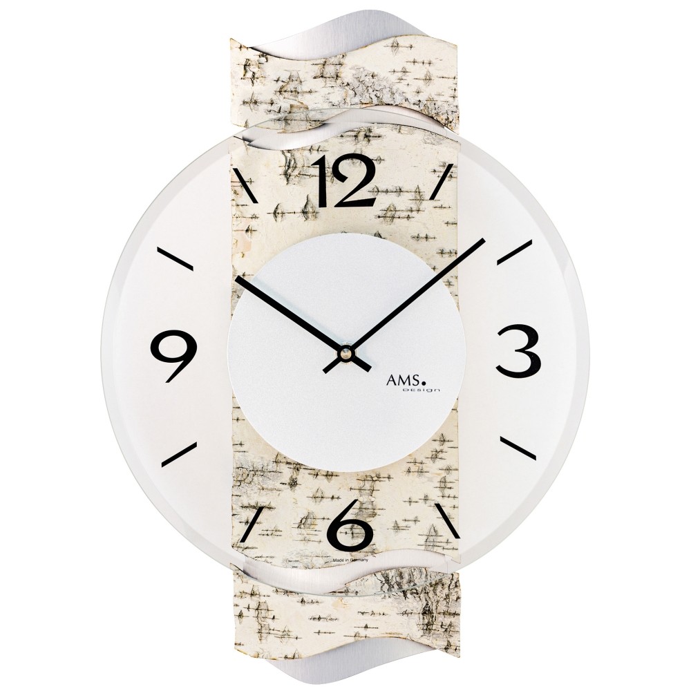 AMS 9624 Wanduhr Quarz analog Holz Birke-Optik mit Glas modern geschwungen