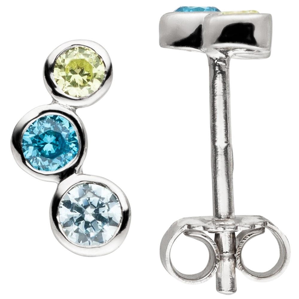 Ohrstecker 925 Sterling Silber 6 Zirkonia blau grün Ohrringe 1g