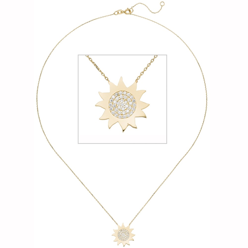 Collier Kette mit Anhänger Sonne 333 Gold Gelbgold 37 Zirkonia 44 cm