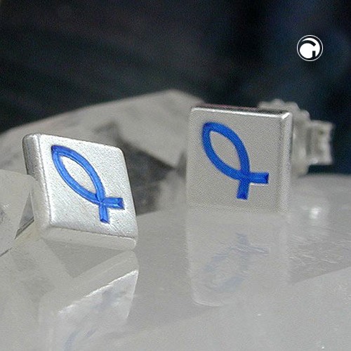 Ohrstecker matt Fisch-Symbol blau 925 Sterlingsilber
