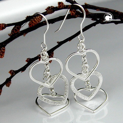 Ohrhaken 3 Herzen an Kette 925 Sterlingsilber