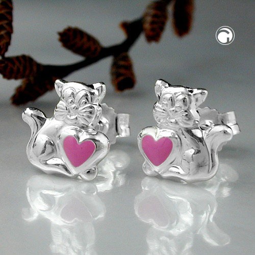 Ohrstecker Katze mit rosa Herz 925 Sterlingsilber