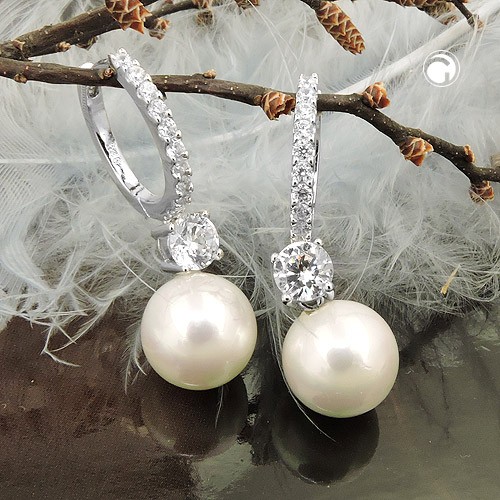 Creole mit Zirkonia weiss mit Imitatperle 10mm rhodiniert 925 Sterlingsilber