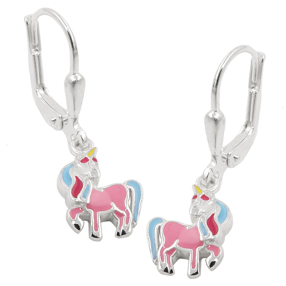 Ohrhänger Ohrringe Brisur Pferd mit einem Horn farbig lackiert 925 Sterlingsilber