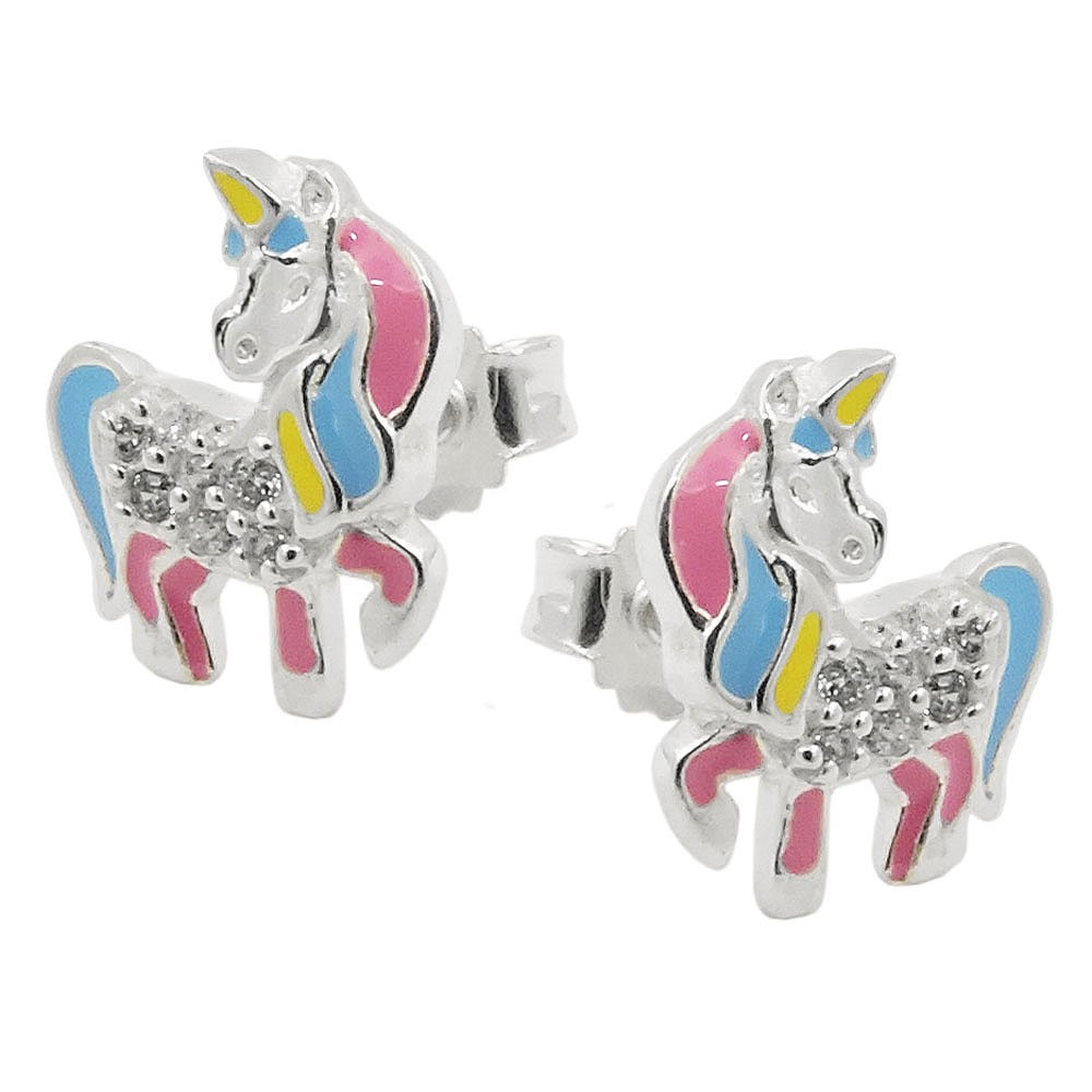 Stecker Kinderohrring Fabelwesen Pferd mit Horn Zirkonia 925 Sterlingsilber