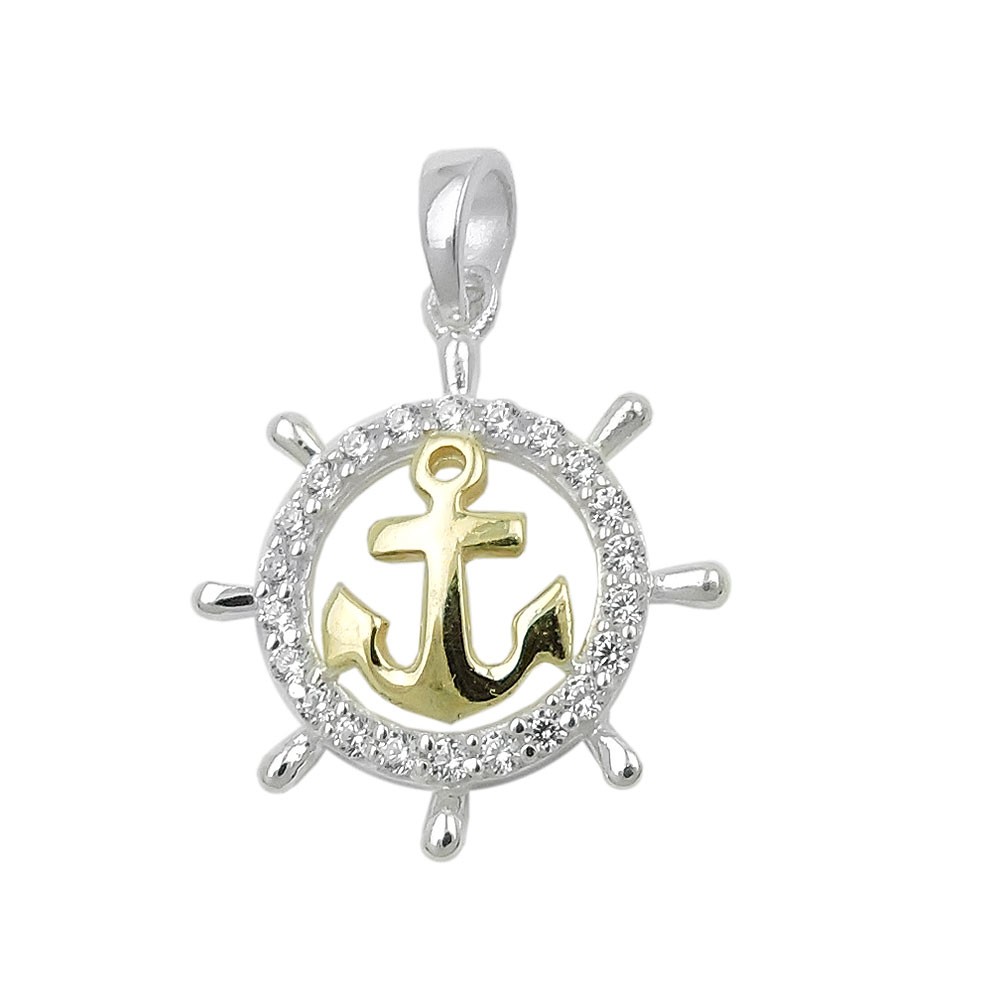 Anhänger Steuerrad mit Anker bicolor mit Zirkonias 925 Sterlingsilber