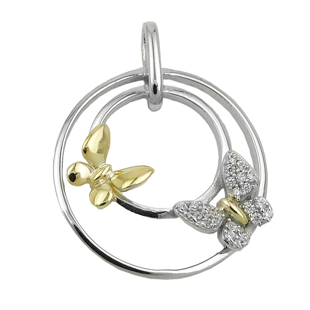 Anhänger mit 2 Schmetterlingen bicolor und mit Zirkonias 925 Sterlingsilber