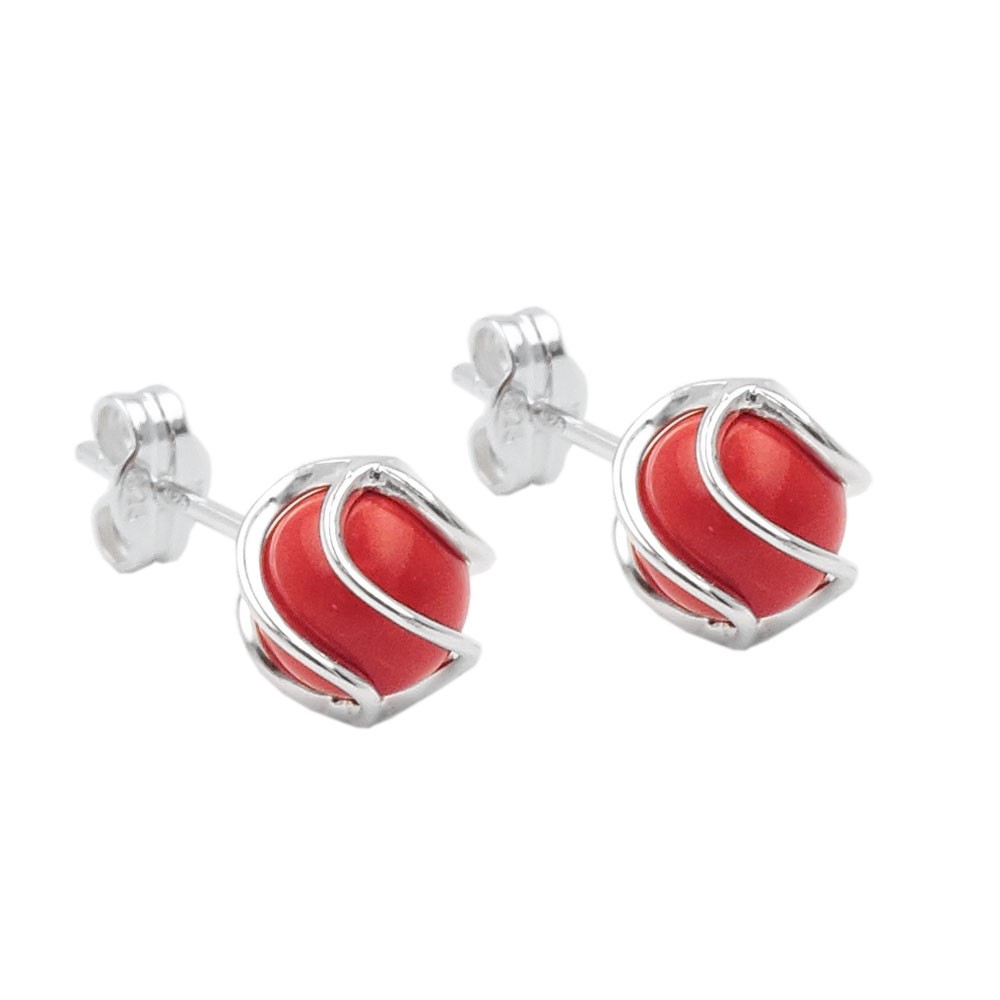 Stecker aufgearbeitete Koralle rot matt umwickelt 925 Sterlingsilber