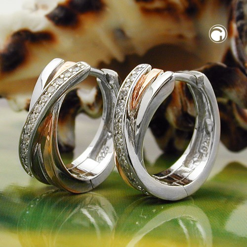 Creolen Ohrringe bicolor rotvergoldet Zirkonia rhodiniert 925 Sterlingsilber