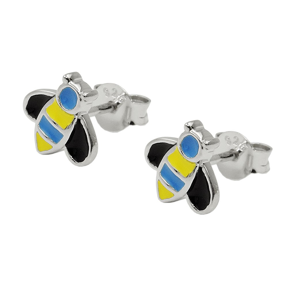 Ohrstecker Ohrring Bienen blau-gelb-schwarz emailliert 925 Sterlingsilber