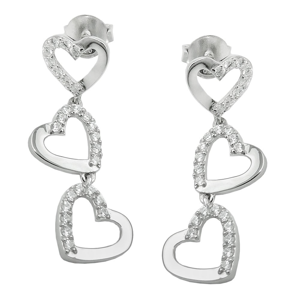 Ohrstecker Ohrring Herzen mit Zirkonias glänzend rhodiniert 925 Sterlingsilber
