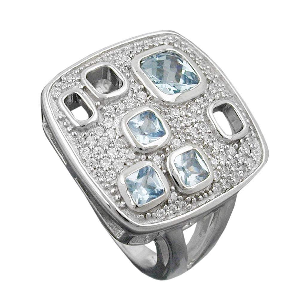 Ring Viereck Zirkonias aqua weiß glänzend rhodiniert 925 Silber Größe 56