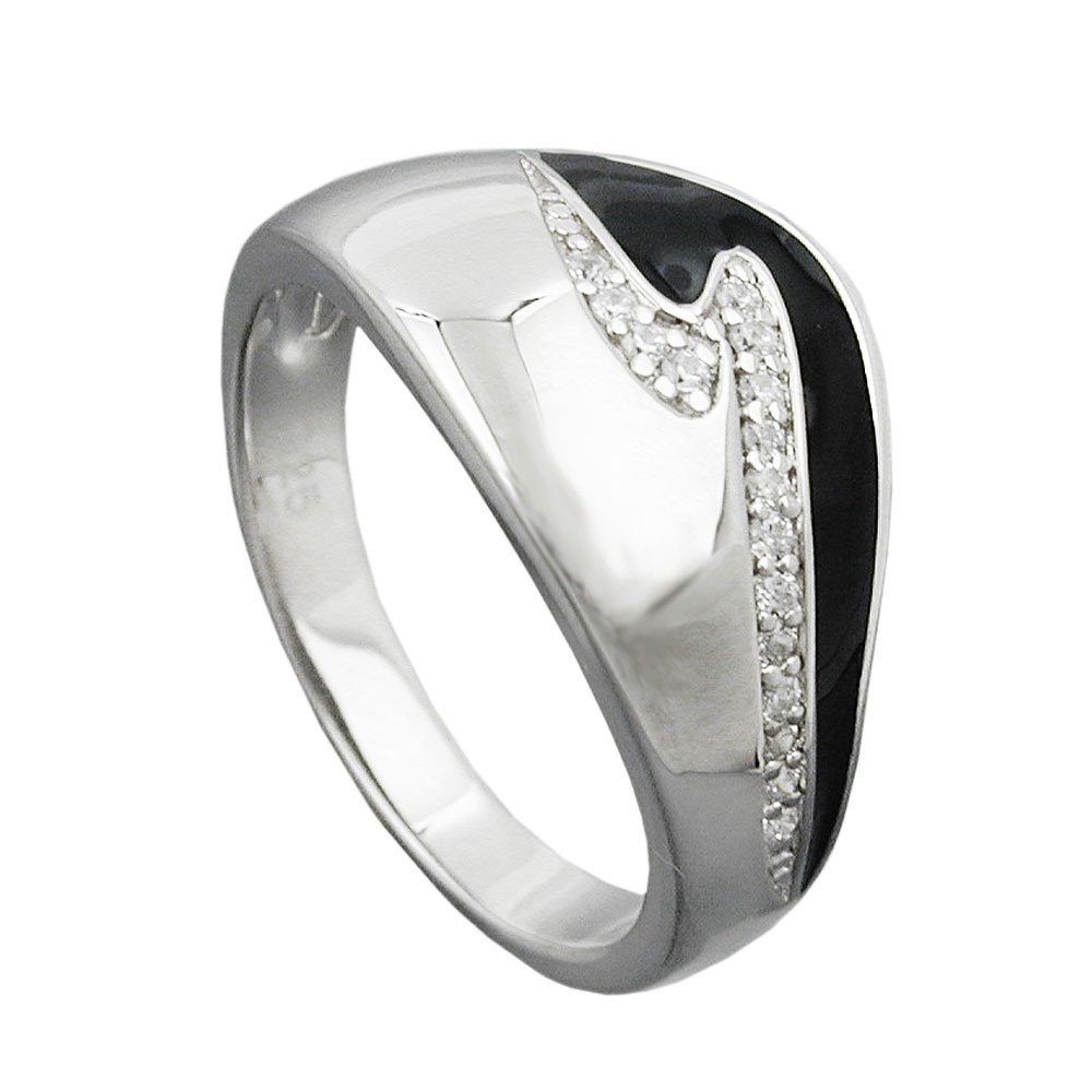 Ring schwarze Lackeinlage weiße Zirkonias glänzend rhodiniert 925 Silber Größe 60