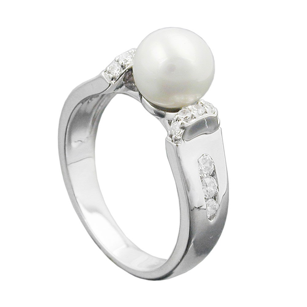 Ring mit Zuchtperle und vielen Zirkonias rhodiniert 925 Silber Größe 58