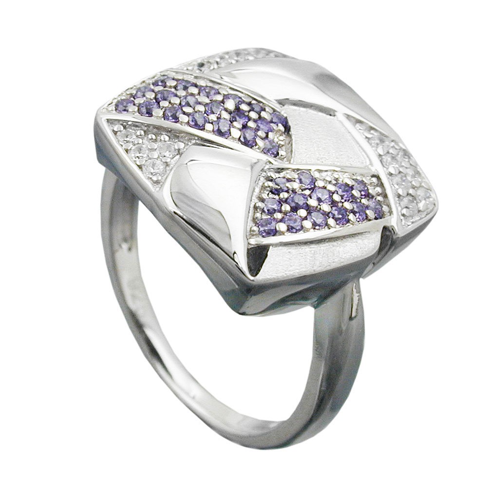 Ring mit Zirkonias lila-weiß matt-glänzend rhodiniert 925 Silber Größe 58