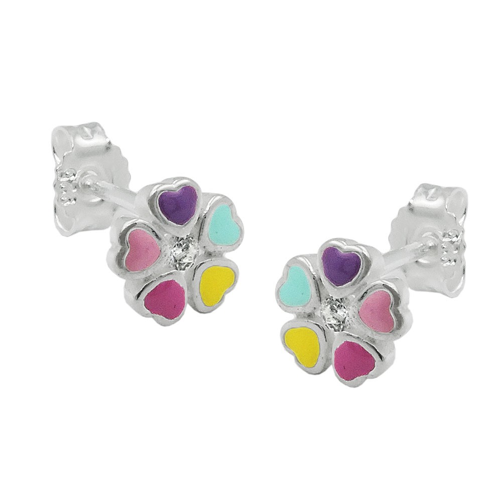 Ohrring Stecker Blume bunt lackiert mit Zirkonia 925 Silber