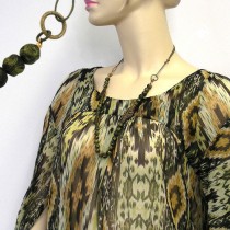 Collier Halskette 3x Blatt oliv Perle gedrückt 90cm