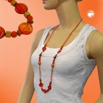 Collier Halskette rot-orange Holzperle ocker 95cm