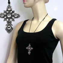 Halskette Zinn Kreuz mit 4x kristall 110cm