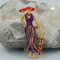 Brosche Dame mit Schirm lila-rot go